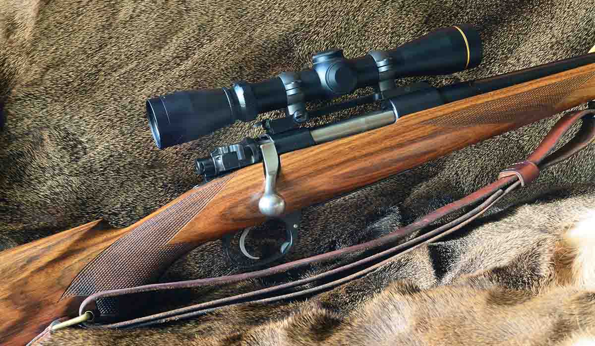 An anonymous custom Mauser in .250-3000 with a Reinhart Fajen stock, Leupold 2-7x 33mm scope and a Brownell’s latigo sling. As a practical all-around deer rifle, this one comes pretty close to perfect.